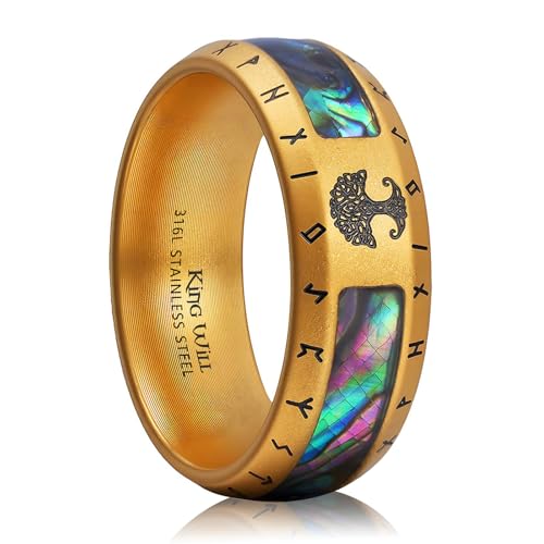 King Will Viking Wedding Ring Tree of Life Rune Abalone Shell, Size 7-14
