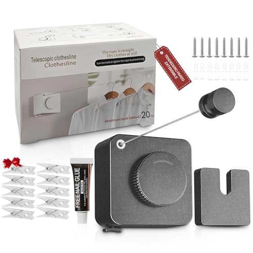 SABN STORE Pack Tendedero Extensible Pared Exterior, Incluye Kit Instalación Sin Taladro o Con Tornillos para Baño/Balcón + Kit Pladur y Set 10 Pinzas - Tendedero Pared Exterior - Tenderete Extensible
