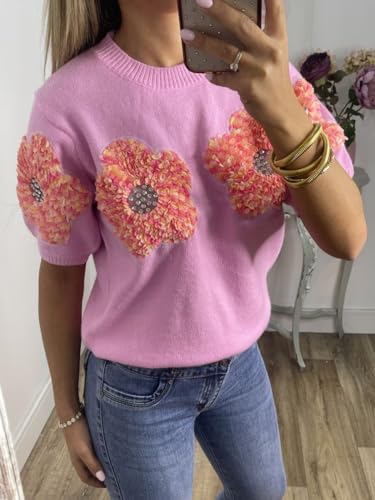 Image of Women Flower Knitted Sweater Elegant Crew Neck Summer Puff Short Sleeved Sweater Pullover Tops Pink, Small