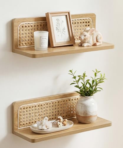 Mazjoaru Rattan Wall Shelf Boho Wood Floating Shelves 16 Inch