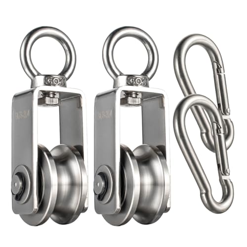 Pulley Wheel with Carabiner, Bearing Inside, Stainless Steel, Rope Cable Pulley for Pulley System, 2 Pack