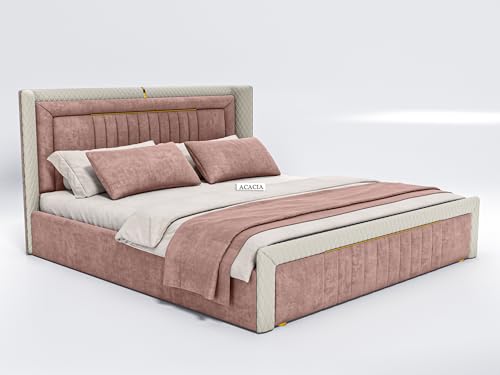 Image of Acacia Modern Upholstered King Size Bed with Box Storage for Bedroom | Wooden Double Bed with Storage | Platform Cot Bed with Upholstery Premium Fabric | 6.5 x 6 Ft | Sheesham Wood | Dusty Rose