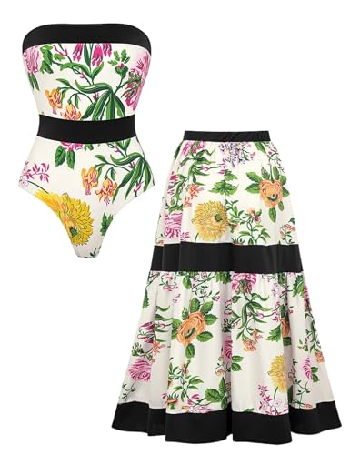 FLAXMAKER Strapless Swimsuit Lace Up Adjustable Animal Botanical Print Swimsuit and Skirt/Sarong