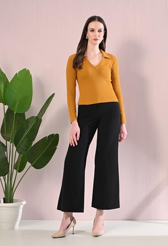 Image of Women's V-Neck Collar Full Sleeve Ribbed Top - Pure Cotton, All-Season, Comfortable & Stylish(Mustard,S)