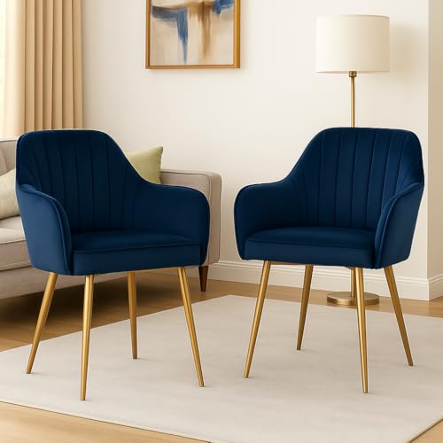 Image of Velvet Accent Chair | Luxury Upholstered Armchair with Sturdy Metal Legs | Modern Comfortable Chair for Living Room, Bedroom, Office, or Cafe (Golden Legs, Blue Set of 2)