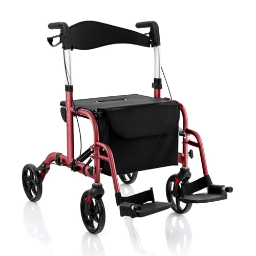 GOPLUS 2 en 1 Déambulateur Fauteuil Roulant Pliant, Aide à la Marche en Alu.um avec 6 Hauteurs Réglables, Repose-pieds, Dossier Réversible, Pliable pour Personnes Âgées/Handicapées