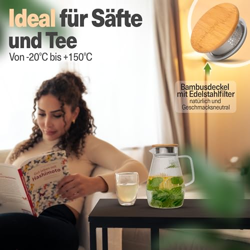 Foto von CLIDOR Wasserkaraffe - 1,5 Liter, verstärkte Glasstärke, Karaffe für Heiß- & Kaltgetränke geeignet, Tropffreier Ausguss, moderne Glaskaraffe, Teekanne Glas, robuste Glaskaraffe mit Deckel (1500ml)