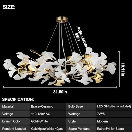 Image of L31.5 Inch Branch Chandelier Ceramic Ginkgo Leaf Chandeliers Brass Hanging Lights Fixtures for Dining Room Living Room Kitchen Island, 5-Light