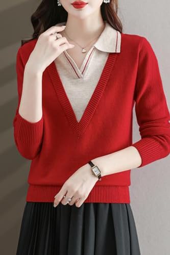 LAI MENG FIVE CATS Women's Polo Contrast Collar Sweater Casual Ribbed Knit Shirt V-Neck Tunic Pullover Top2