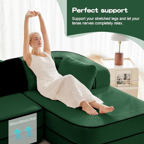 Image of KEIKI Modular Boneless Sectional Teddy Sofa Couch with Chaise for Living Room, Oversized 77.2 inch Loveseat Chaise Lounge Indoor for Small Spaces, Modern Comfy Apartment Size Couch for Bedroom, Green