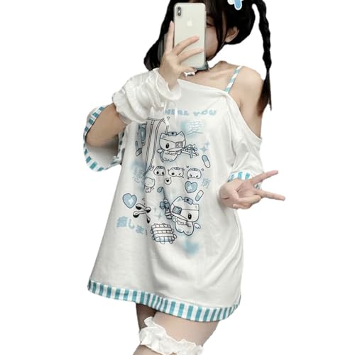 Y2k Harajuku Cartoon Print T Shirts Gothic Women Japanese Fashion Patchwork Off Shoulder T Shirt Kawaii Sweet Tees Tops
