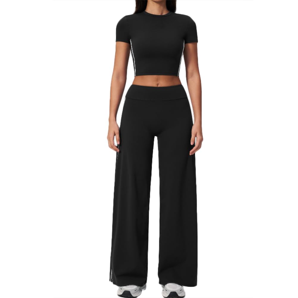 JPXJGT 2 Piece Activewear Set Short Sleeve Crop Top + High Waist Wide Leg Pants Yoga Tracksuit(Size:L,Color:Black White)