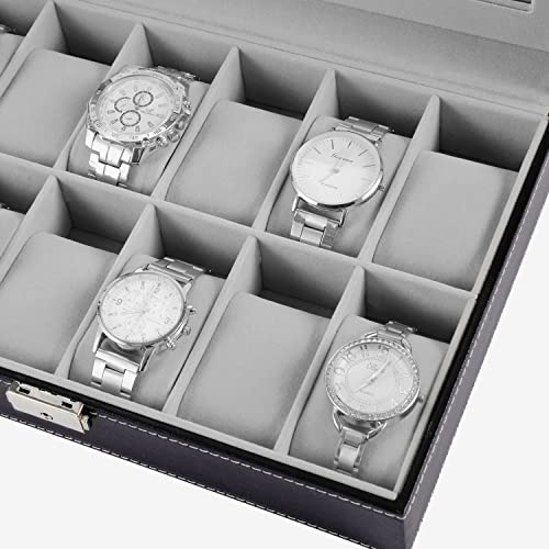 Watch Box 12 Slot Watch Display Case Organizer With Glass Top, Black Watch Storage Box For Men And Women With Pu Leather, Grey Linging #TOP7