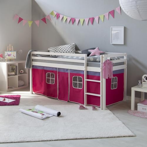 Homestyle4u Kinderhochbett mit Leiter Weiß 90x200 cm Holz Kiefer Kinderbett pink rosa mit Lattenrost und Vorhang