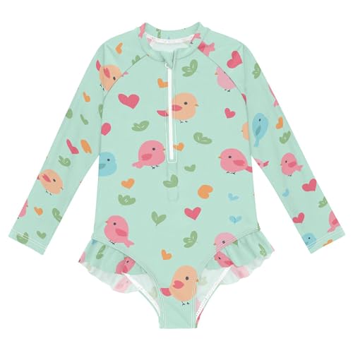 Cartoon Bird Green Girls 1-Piece Swimsuits UV Protection Bathing Suit Set Swimsuits Rash Guard 3T
