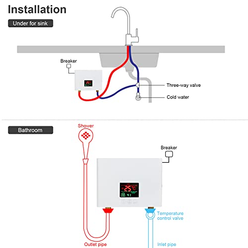 Durchlauferhitzer 5500W Elektrisch - 220V, Sofort Warmwasser 30-55°C, Mit LED-Display, FI-Schutz, Für Bad/Küche (steckerfertig)