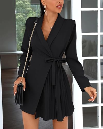 cffvdiz Womens Sexy Long Sleeve Solid Color Lace-Up Pleated Blazer Dress2