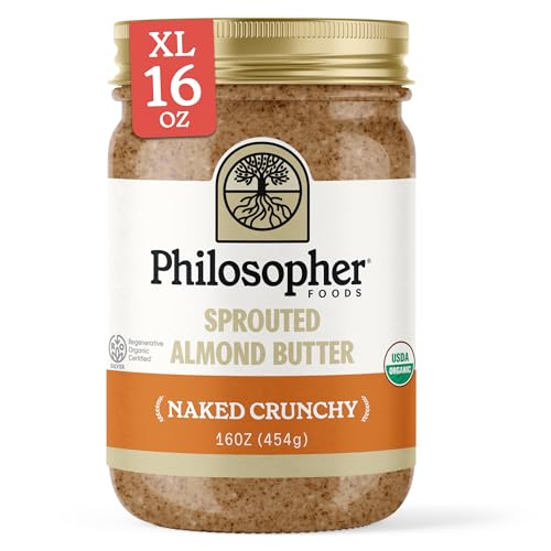 Philosopher Foods - Naked Crunchy Organic Sprouted Almond Butter - 16 oz - Stone Ground Regenerative Organic Crunchy Almond Nut Butter No Sugar Added