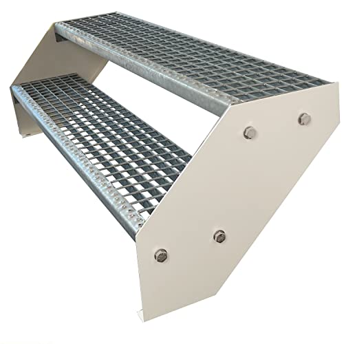 Kaminbau Mierzwa Premium Stahl Treppe Verzinkt & Weiß Pulverbeschichtet 2 Stufen (Breite 80 cm) (Höhe 38 cm) Wetterfest Gitterroststufe Gartentreppe