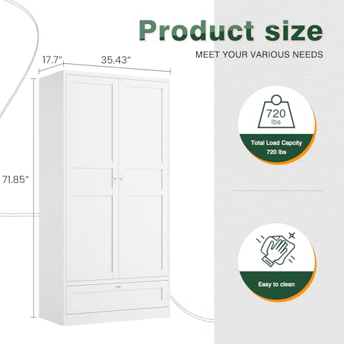 Image of Letaya Metal Wardrobe Cabinets,18 inch Deep Clothing Storage Cabinet with Doors and Shelves,for Home Room,Fire Department, School, Employee,Gym,Government (White)