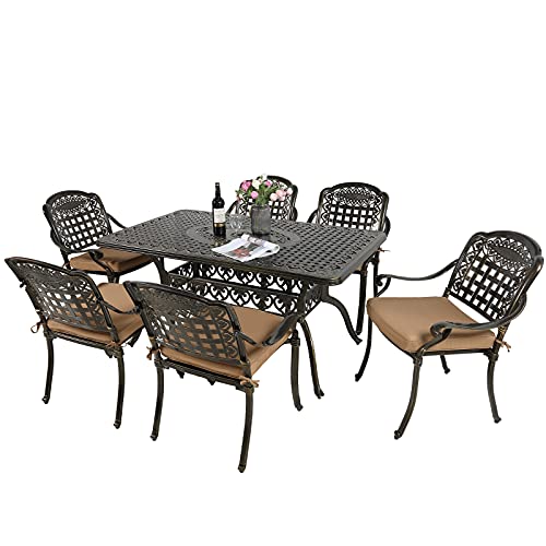 Image of MEETWARM 7-Piece Outdoor Furniture Dining Set, All Weather Cast Aluminum Patio Garden Set with 6 Chairs, 6 Cushions, 1 Rectangular Table, 2 inch Umbrella Hole, Dark Bronze