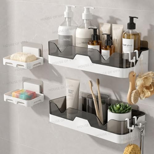 Image of HOUSE OF VIPA Self-Adhesive Bathroom Shelf for Wall, Bathroom Organizer with Towel Holder and 4 Hooks, Space-Saving Bathroom Accessories, 2 Storage Shelves & 2 Soap Dishes (B /W), 4 Pack