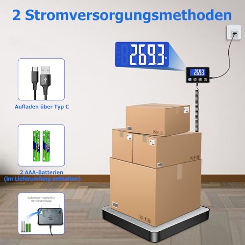 KUAIVO Paketwaage, 200kg/10g Hochpräzise Plattformwaage mit LCD/Hold/Tara Funktion, Postwaage aus Edelstahl für Pakete, Gepäck, Lagerhaus, Unternehmen und für den Hausgebrauch, Aufladbar