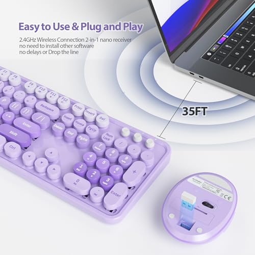 Image of Fogruaden Purple Retro Typewriter Keyboard and Mouse Wireless, 2.4GHz Office Full-Sized Colorful Computer Keyboard with Number Pad and Cute Mouse for Windows PC Desktops Laptop