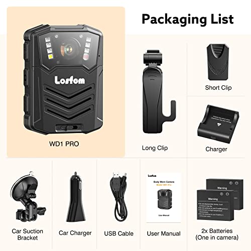 Losfom Wd1Pro 2K Body Mounted Camera，Body Worn Camera With 2Pcs Batteries And Charging Dock, 64G Body Mounted Cam Night Vision, 2-In-1 Wearable Camera For Cars, Outdoor, Home, Meeting #TOP7