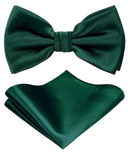 TIE G Solid Color Pre-tied Bow Tie and Pocket Square Sets in Gift Box (Hunter Green)