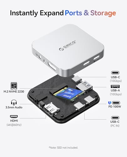 Image of ORICO 10Gbps Magnetic M.2 Docking Station, 6-in-1 USB C HUB & M.2 2230 NVMe Enclosure with HDMI 4K@60Hz, USB-A&C 3.2, 100W PD, AUX, USBC Dock for iPhone 17 /16 /15 Pro /Pro Max