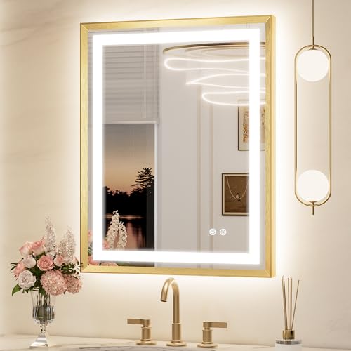 Keonjinn Gold LED Bathroom Mirror 24 x 30 Inch, Frontlit & Backlit Bathroom Mirror with Lights,...