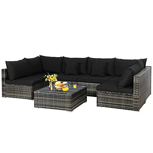 PATIOJOY 7-Piece Patio Furniture Set, Outdoor Sectional PE Rattan Sofa Set with Cushions and Tempered Glass Coffee Table, All-Weather Conversation Set for Backyard (Black)