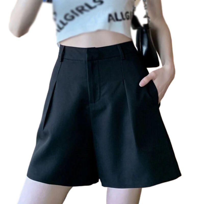 Pantalones cortos de estilo coreano para mujer, cintura alta, pantalones cortos casuales de verano, Black1, S