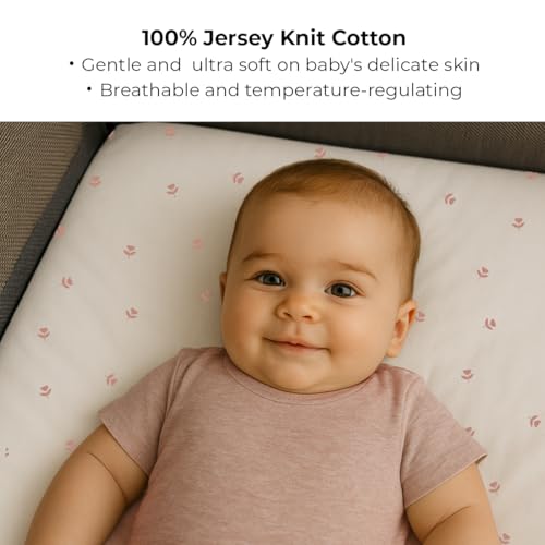 elys amp co pack and play sheets for miniportable crib 2 pack fitted playpen play yard sheet set compatible with graco pack n play for baby girls 100 cotton pink tulips and stripes 38x24x5