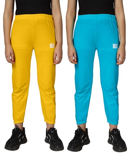 Image of KYDA KIDS Girls Mid Rise 100% Pure Cotton Track Pants | Regular Fit Elastic Waist Casual Wear | Soft Comfortable Kids Trousers (Pack of 2)