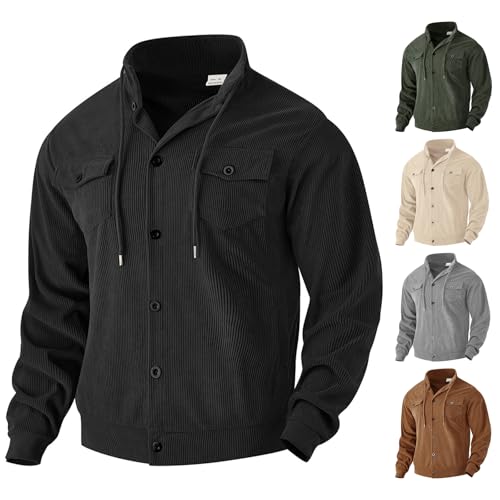 ZWRXW Corduroy Jacket for Men Casual Button Down Shirt Jackets Drawstring Long Sleeve Retro Shacket Coats with Flap Pockets3