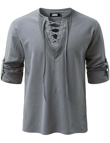 Image of JOGAL Mens Renaissance Shirt Medieval Pirate Viking Halloween Costume Gothic Steampunk Retro Long Sleeve Lace Up Shirts