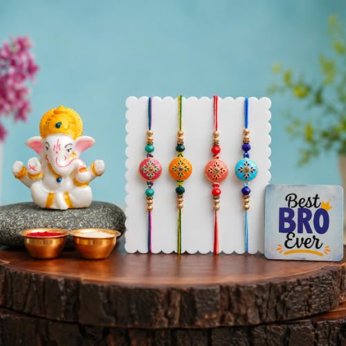 Image of eCraftIndia Set of 4 Designer Rakhi for Brother with Best Bro Ever Fridge Magnet & Lord Ganesha Idol | Premium Beaded Rakhi Set with Roli Chawal | Raksha Bandhan Gift Combo