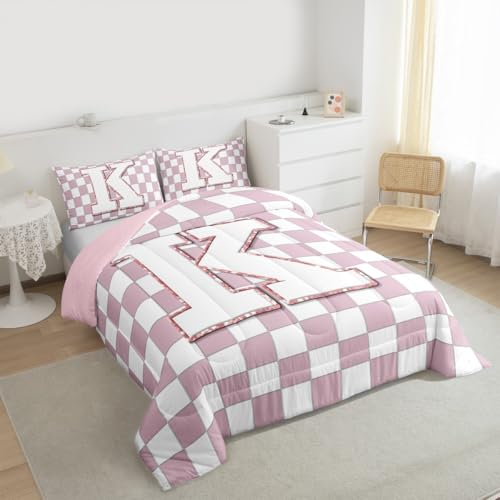 Image of Erosebridal Pink Initial K Kids Comforter Sets Kawaii Plaid Checkered Queen Bedding Set for Girls Teen Women Cute Personalized Monogram Comforter Set,Fashion Grids Gingham Quilt Duvet 3 Pcs
