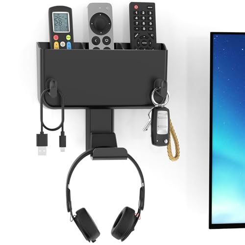 Image of Kytok Adhesive Remote Control Holder Wall Mount with Headset Hanger, 3 in 1 Organizer TV /Fan Remote Caddy with Hook for Headphone, No Drill Controller Storage Bracket, Bed Wall Rack