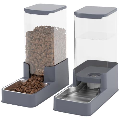 Wefeedy Stainless Steel Cat Feeder and Water Dispenser,Gravity Waterer & Food Feeder Set with Stainless Steel,Large Capacity Pet Food Bowl for Small Medium Dog Pets Puppy Kitten(Grey,1 Gallon)