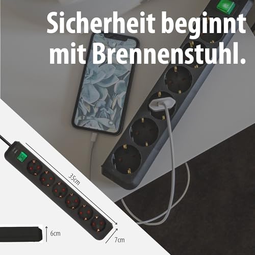 Brennenstuhl Eco-Line, Steckdosenleiste 6-Fach (Steckerleiste mit erhöhtem Berührungsschutz, Schalter und 3m Kabel) schwarz