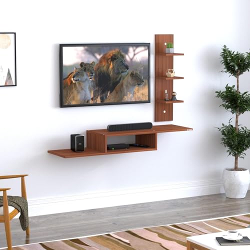 Image of Anikaa LED Light TV Unit Wall Mounted TV Unit Wall TV Cabinet for Living Room, Set Top Box Stand - Walnut (D.I.Y - Do-It-Yourself) Ideal for up to 43 inch inches