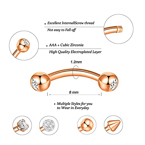 Evispol 11Pcs 16G Surgical Steel Rook Piercing Jewelry For Women Men, Butterfly Dangle Cubic Zirconia Eyebrow Rings Curved Barbells Belly Lip Rings Rook Daith Earrings Cartilage Helix Tragus Earrings-Rose Gold-8Mm #TOP2
