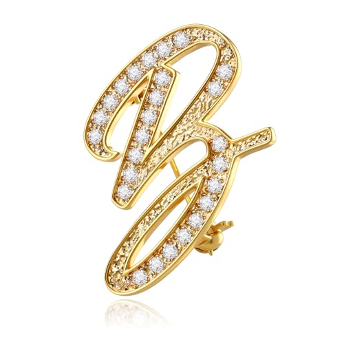 Image of Cicy Bell A-Z Initial 26 Letter Brooch Pins 18k Gold Plated Cubic Zirconia Breastpin Name Personalized Gifts for Women Men