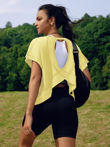 Image of SENSERISE Womens Open Back Workout Tops Backless Short Sleeve Athletic Shirt Running Crop Top Gym Yoga Tee
