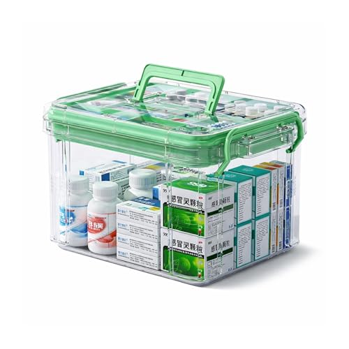 Image of HoopVool Clear Plastic Medicine Storage Box Organizer, Family Emergency Kit with Removable Pill Case Portable Lockable Container for, Art Craft and Cosmetic Household Organizer (Green, Small)