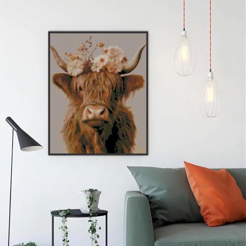 Image of Stamped Cross Stitch Kits for Adults Beginners, Cow Flowers Easy DIY Counted Cross Stitch Kit Printed Patterns Dimensions Needlepoint Art Crafts Embroidery Kits for Home Wall Decor 15.7x11.8 inches