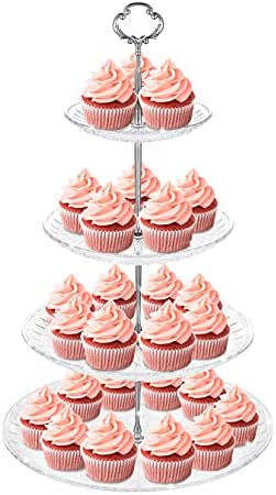 NWK 3/4-Tier Cake Stand with Clear Plastic Plates and Metal Struts Dessert Stable Tower Display Rack Serving Tray for Wedding Birthday Baby Shower Party Summer Afternoon Tea Silver